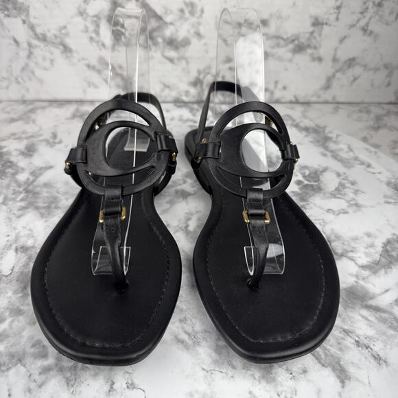Coach Jeri Black Leather Sandals Size 7.5 Thong Slingback Flat C Logo Buckle - Picture 2 of 10